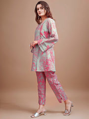 Dusty Green colour Hakoba printed tunic with trouser cord set