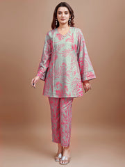 Dusty Green colour Hakoba printed tunic with trouser cord set