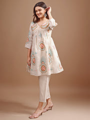 Beige colour linen multi thread embroidery flared tunic with trouser coord set