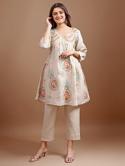 Beige colour linen multi thread embroidery flared tunic with trouser coord set