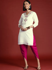 Off White & Magenta Silk Blend Contrast Embroidered Tunic With Dhoti Co-ord Set
