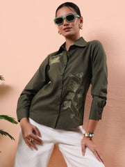 womens olive green solid embroidered cotton shirt with floral detailing