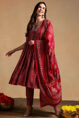 maroon polyester ethnic motifs printed flared suit set