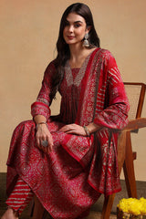 maroon polyester ethnic motifs printed flared suit set