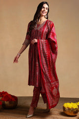 maroon polyester ethnic motifs printed flared suit set