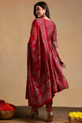maroon polyester ethnic motifs printed flared suit set