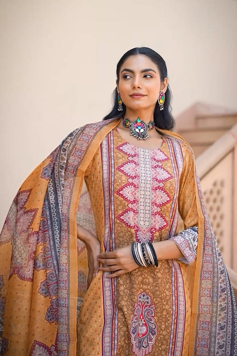 yellow rayon blend ethnic motifs printed straight kurta trouser with dupatta