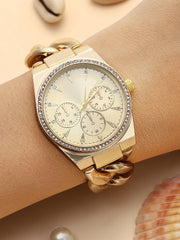 ساعة ذات ثلاث مينا بتصميم وسادة من قطع معدنية سميكة - ذهب كاليفورنيا