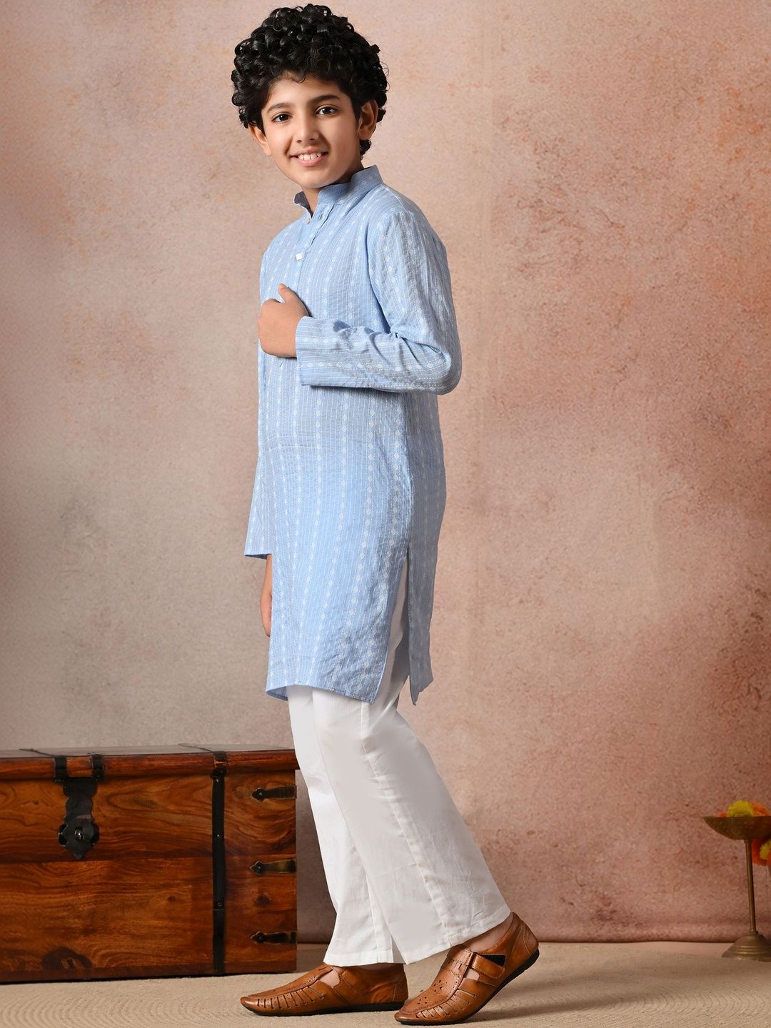 Indi Loom Couture Boys Blue Striped Ethnic Kurta with White Pajama Set ILBKS30