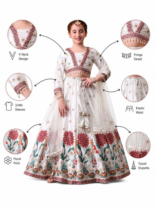 Indi Loom Couture Girls Off White Floral Printed Lehenga Choli with Net Dupatta ILLCD38