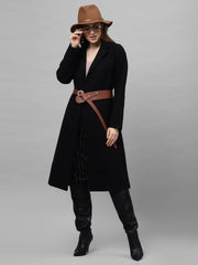 athena women black solid woollen knee length wrap coat