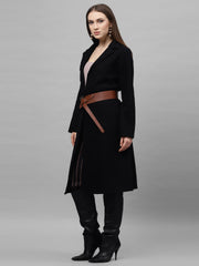 athena women black solid woollen knee length wrap coat