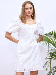 Zummer White Schiffli Puff Sleeves Mini Dress