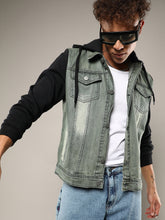 Mens Grey Black Light Wash Denim Jacket With Sweatshirt Sleeve