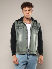Mens Grey Black Light Wash Denim Jacket With Sweatshirt Sleeve