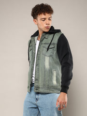 Mens Grey Black Light Wash Denim Jacket With Sweatshirt Sleeve