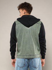 Mens Grey Black Light Wash Denim Jacket With Sweatshirt Sleeve