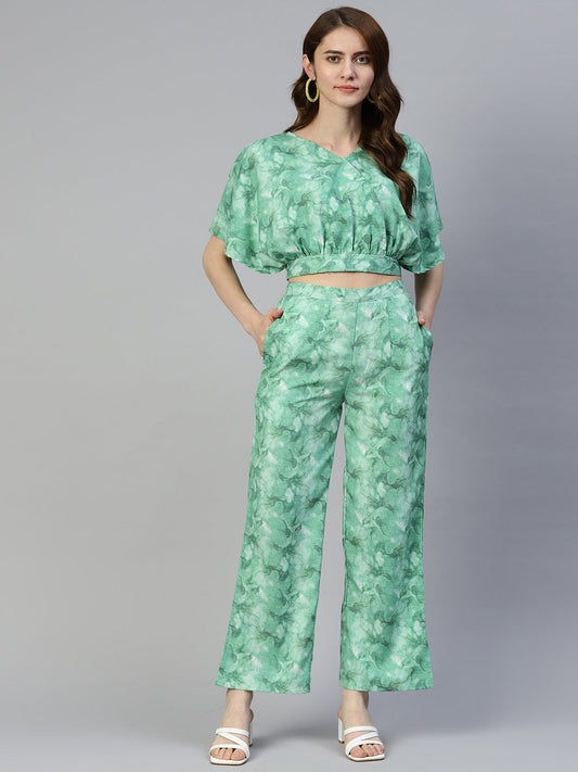 Women Green Printed Crop Top With Palazzos