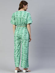 Women Green Printed Crop Top With Palazzos ( JNCS 3006 Green )