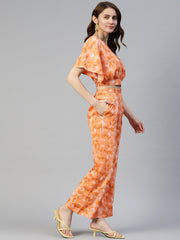بلوزة قصيرة مطبوعة باللون البرتقالي للنساء مع بنطلون بالازو (JNCS 3006 برتقالي)