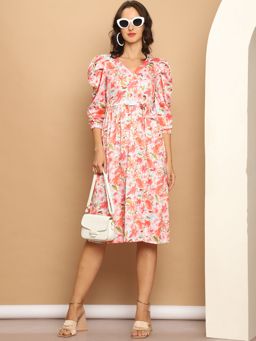 Womens Floral Printed A Line Dress With Belt