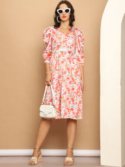 Womens Floral Printed A Line Dress With Belt
