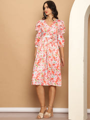 Womens Floral Printed A Line Dress With Belt