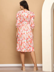 Womens Floral Printed A Line Dress With Belt