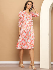 Womens Floral Printed A Line Dress With Belt