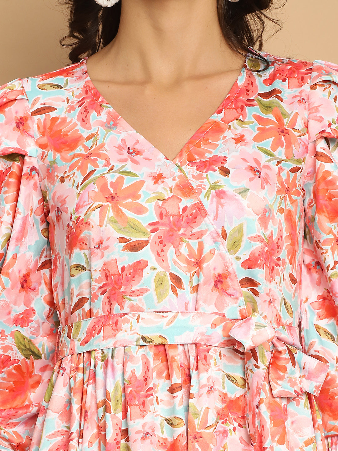 Womens Floral Printed A Line Dress With Belt