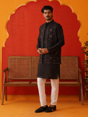Embroidered Waistcoat & Solid Kurta Pyjama For Men ( JOKPWCS 5105Black )