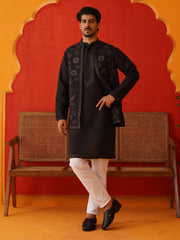 Embroidered Waistcoat & Solid Kurta Pyjama For Men ( JOKPWCS 5105Black )