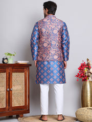 Printed Nehru Jacket & Kurta Pyjama Set ( JOKPWC 5148PK 4122Peacock )