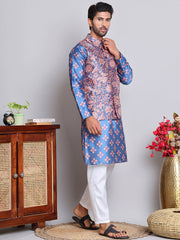 Printed Nehru Jacket & Kurta Pyjama Set ( JOKPWC 5148PK 4122Peacock )