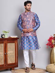 Printed Nehru Jacket & Kurta Pyjama Set ( JOKPWC 5148PK 4122Peacock )