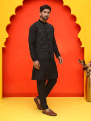 Embroidered Velvet Nehru Jacket With Solid Kurta Pyjama ( JOKPWC 592B 4126 Black )