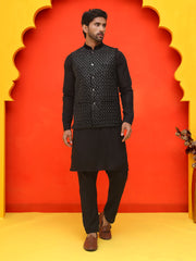 Embroidered Velvet Nehru Jacket With Solid Kurta Pyjama ( JOKPWC 592B 4126 Black )