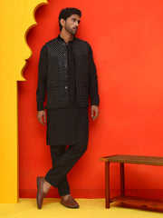 Embroidered Velvet Nehru Jacket With Solid Kurta Pyjama ( JOKPWC 592B 4126 Black )