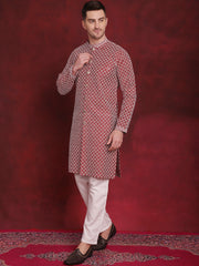 Jompers - Men's Sequin Chikankari Front Open Kurta With Pyjamas ( JOKP P 5029Maroon )
