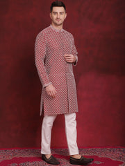 Jompers - Men's Sequin Chikankari Front Open Kurta With Pyjamas ( JOKP P 5029Maroon )