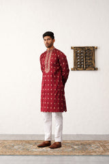 Jompers - Men's Maroon Chikankari Embroidered Kurta With Pyjama