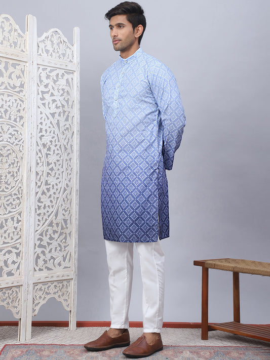 Mens Blue Ombre Printed Kurta Pyjama Set
