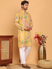 Jompers - Men's Animal Printed Pure Cotton Straight Kurta Pyjama Set ( JOKP P 5079 Mustard )