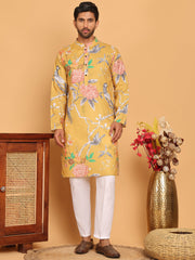 Jompers - Men's Animal Printed Pure Cotton Straight Kurta Pyjama Set ( JOKP P 5079 Mustard )