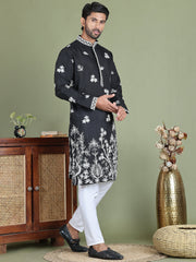 Floral Embroidered and Sequins Kurta Set ( JOKP 5151Black )