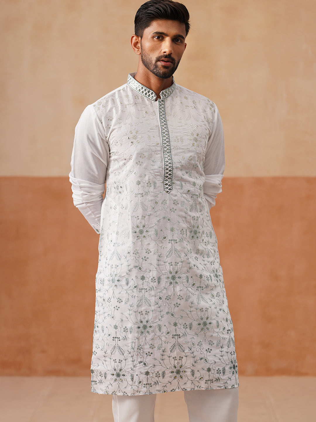 Men S Silk Blend Embroidered Kurta Pyjama Set