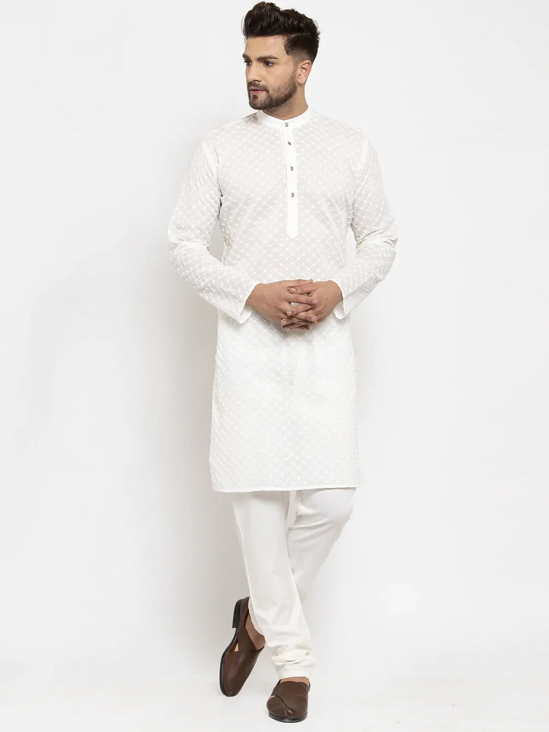 Jompers Men Cream Chikan Kurta With Churidar 561 Cream