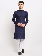 Men Navy Blue Chikan Kurta with Churidar ( JOKP 561 Navy )