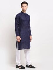 Men Navy Blue Chikan Kurta with Churidar ( JOKP 561 Navy )