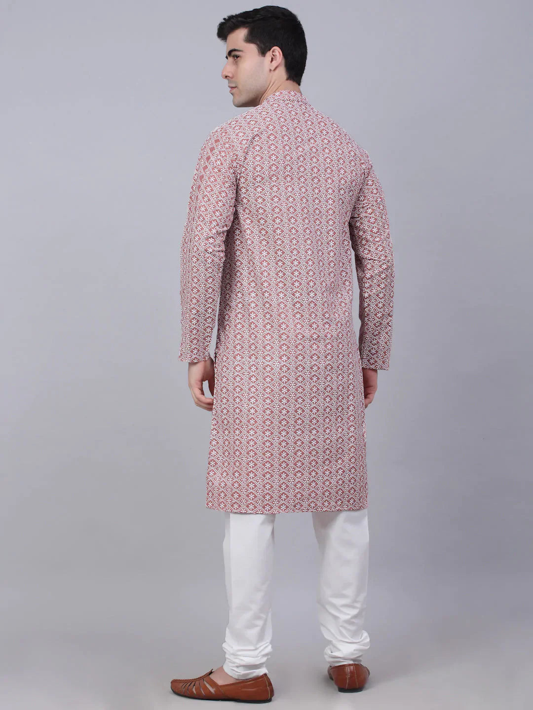 Jompers Mens Coral Red White Embroidered Straight Kurta Pyjama Set